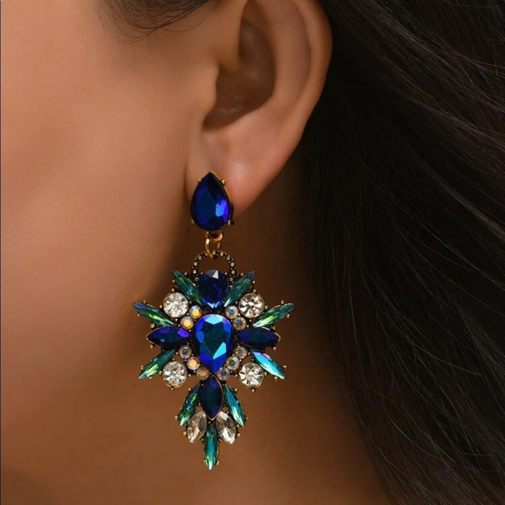 Blue Crystal Drop Statement Earrings - Women Jewelry Earrings